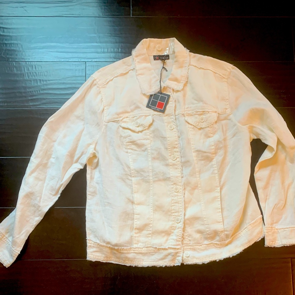 White, linen, “Jean jacket,” style jacket.